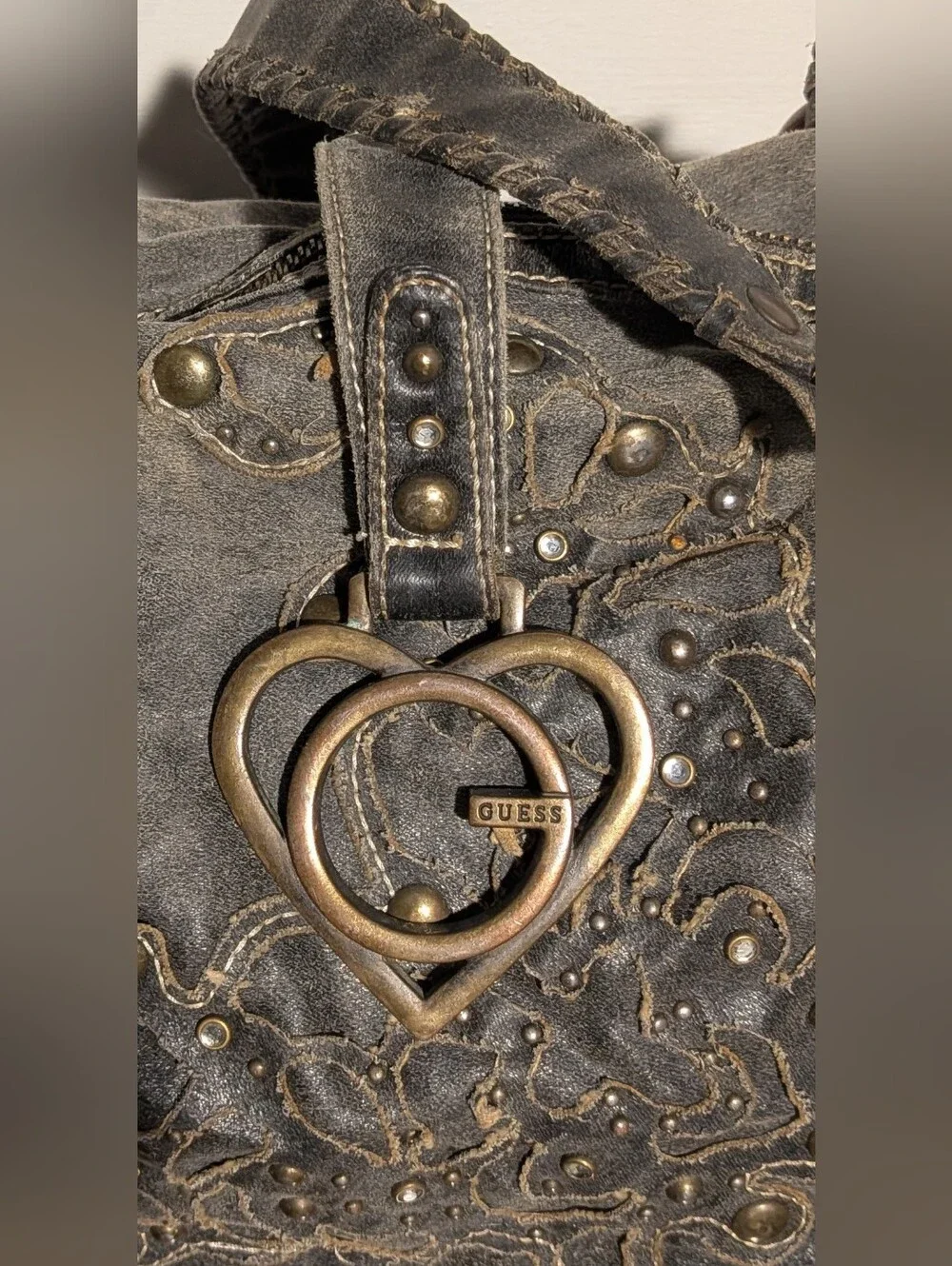 Y2K Guess Hobo Bag Womens Large Pewter Metallic Logo Rhinestone Whipstitch Studs